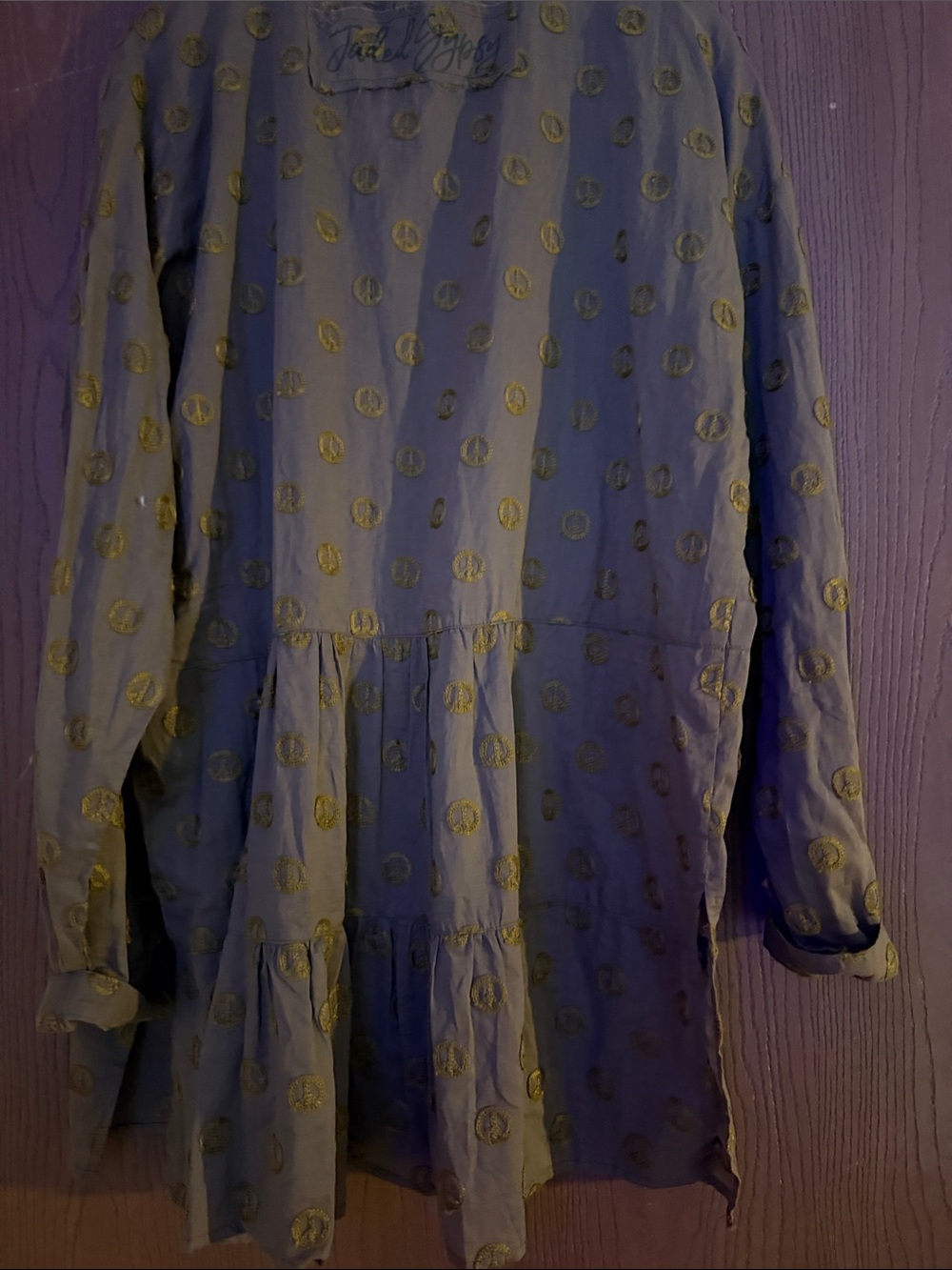 Jaded Gypsy Olive Green Button-Front
Peplum “Peace be With You” tunic in S/M - Picture 8 of 12